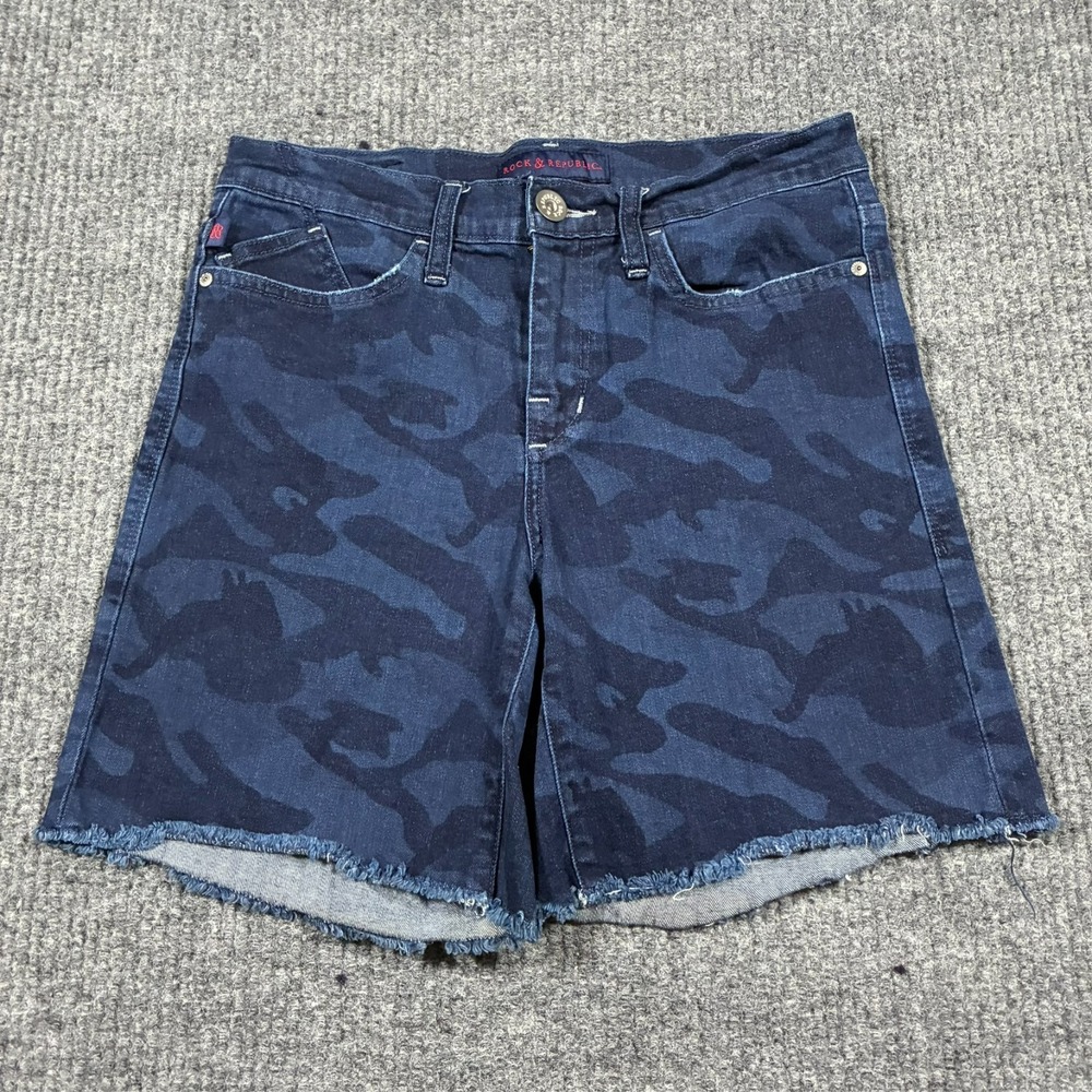 Rock & Republic Bumpershoot Womens‎ Shorts Size 8 Blue Camo Raw Hem Mid Rise